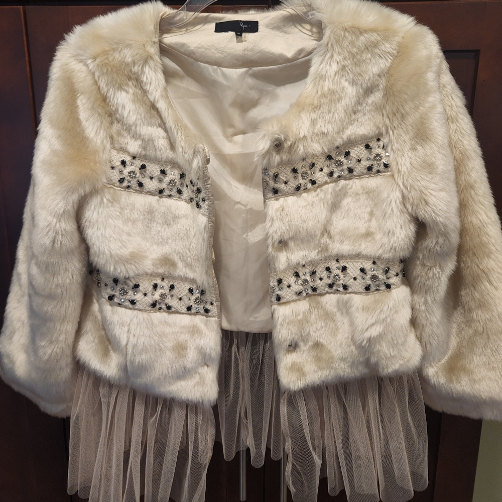 Ryu Faux fur beaded tulle trimmed jacket